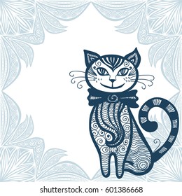 Cute cartoon cat and floral background. Vector illustration.