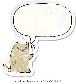 cute cartoon cat with flower with speech bubble distressed distressed old sticker