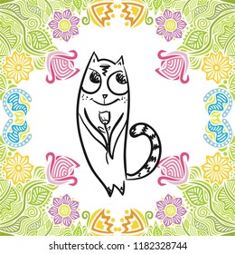 Cute cartoon cat with flower. Vector illustration