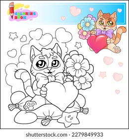 cute cartoon cat with flowers coloring book