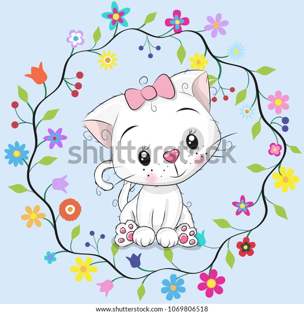 Cute Cartoon Cat In A Flowers Frame On A Blue Background