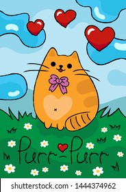 Cute cartoon cat with flowers and hearts in the meadow, summer day. Vector hand drawn illustration, lovely postcard