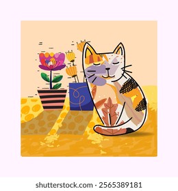 Cute cartoon cat with flowers, plants on potted, vases on background. sketch,outline cat hand drawn design for decoration, cards and art prints.