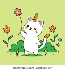 Cute cartoon cat with flowers, a vector illustration of a playful kitten enjoying nature