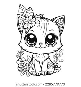 Cute cartoon cat with flowers. Wild kitten in line drawing. Vector illustration isolated on white background. For printable children's and adults coloring page or book, kids toddler activity