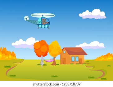 Cute cartoon cat flying helicopter over autumn landscape. Animal in scarf on helicopter, village in autumn, house, yellow and orange trees with hammock vector illustration. Autumn, transport concept