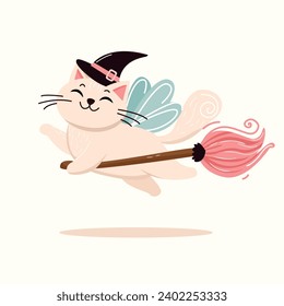 Cute cartoon cat flying on a broomstick. Vector illustration.
