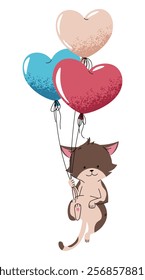 Cute cartoon cat flying on balloons in flat cartoon style. Favorite pet on white background. Valentine's day vector illustration for cards, stickers, banners, etc.