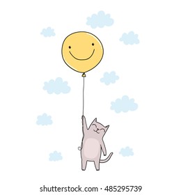 cute cartoon cat flying in the sky on yellow balloon with smile face