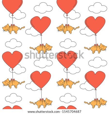 cute cartoon cat flying in the sky with big heart balloon romantic seamless vector pattern background illustration