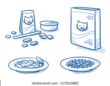 Cute Cartoon Cat Food Set. With Feeding Dish, Food Tin And Box, Icons. Hand Drawn Doodle Vector Illustration.