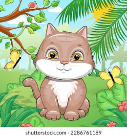 Cute cartoon cat in the forest. Vector illustration of an animal on a green background with trees, butterflies, leaves and flowers.