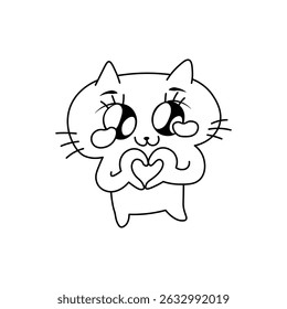 Gato de desenho animado bonito formando uma forma de coração com suas mãos, grandes olhos brilhantes, sorrindo doce, arte de linha preta e branca para colorir