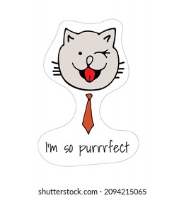 Cute Cartoon Katze voll von Liebe und Purpurrot, miau! Aufkleber mit Phrase. Lächelnder bezaubernder Charakter. Vektorgrafik