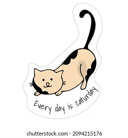 Un gato de dibujos animados llenos de amor y ronroneo, ¡mau! Pegar con la frase. Carácter adorable sonriente. Ilustración vectorial