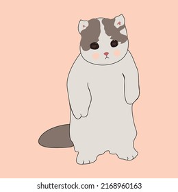 Cute Cartoon Cat. Funny Kawaii Doodle Animal. Flat Design Baby Background. Pretty Grey Kitten. Vector Illustration.