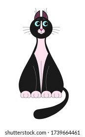 A cute cartoon cat with a funny muzzle, face is sitting straight and looking to the side. Cat with big blue eyes, long mustache and sharp ears. Blank template for design, decoration. Vector isolated