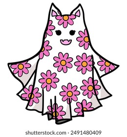 Cute cartoon cat ghost with pink flowers pattern in Halloween 