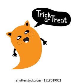 Cute cartoon cat Ghost says trick or treat. Kawaii character for a fun Halloween in vector. Vector graphics. Adorable, cute illustration for greeting card. Halloween icon logo. 