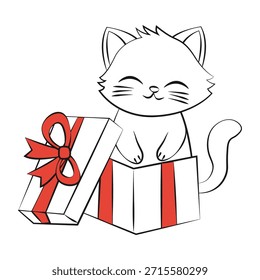 Cute cartoon cat in a gift box.