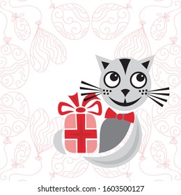 Cute cartoon cat with gift. Vector illustration