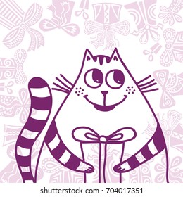Cute cartoon cat with gift. Vector illustration.