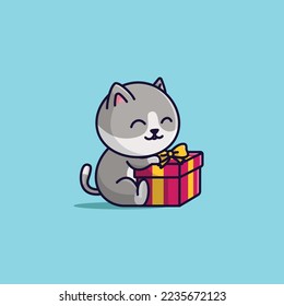 lindo gato de dibujos animados con giftbox