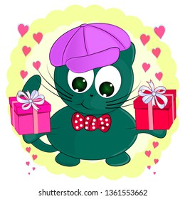 cute cartoon cat with gifts. birthday greeting card.