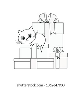  Cute cartoon cat with gifts. Black and white vector illustration for coloring book