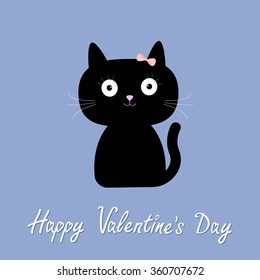 Cute cartoon cat girl with bow. Flat design style. Happy Valentines day card. Rose quartz serenity color background. Vector illustration