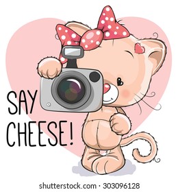 Cute cartoon cat girl with a camera on a white background
