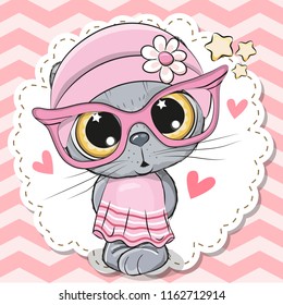 Cute cartoon Cat girl in pink eyeglasses with a bow