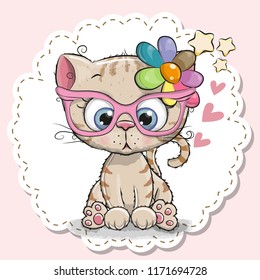 Cute cartoon Cat girl in pink eyeglasses with a flower