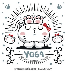 Cute cartoon cat girl relax with the yoga vector Illustration.