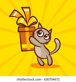 Cute cartoon cat gives gift Vector Illustration