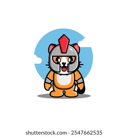 Cute cartoon cat in gladiator armor with a red plume, standing against a blue sky background