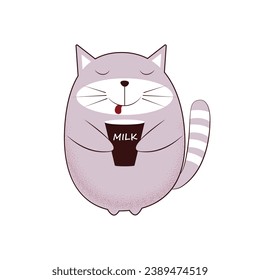 Cute cartoon cat with a glass of milk. Funny kitten in cartoon style with milk. Funny children s illustration. Vector