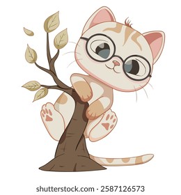 Cute cartoon cat with glasses climbing tree, surrounded by leaves. This playful illustration captures whimsical and cheerful vibe, perfect for cat lovers