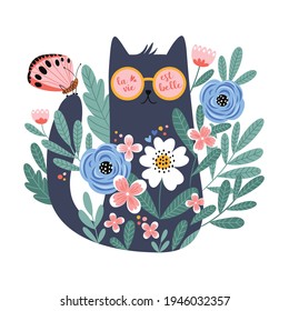 Cute cartoon cat in glasses with hand drawn flowers, butterfly and floral elements. La vie est belle quote. Vector illustration, unique design for cards, posters, invitations, t-shirts.