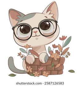 cute cartoon cat with glasses sitting in basket filled with flowers, exuding playful and cheerful vibe. Perfect for pet lovers and floral enthusiasts