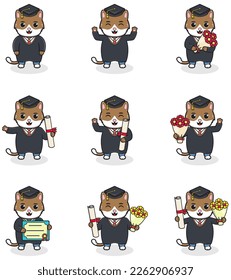 Cute cartoon Cat in graduate hat on white background. Vector Set of Cute Graduation Themed Cat. Illustration symbol mascot character animal. Design flat cartoon.