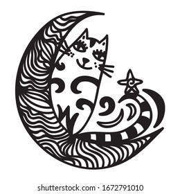 Cute cartoon cat and half moon. Vector illustration