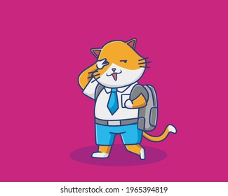 Cute Cartoon Cat Happy School. Animal Cartoon Flat Style Icon illustration Premium Vector