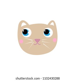 Cute cartoon cat head flat vector illustration isolated. Adorable kitten face icon. Funny doodle kitty head logo. Domestic animals veterinary. Healthy pet food. Happy cats symbol. Comics cat character