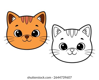 Cute cartoon cat head illustration, with one colored orange version and one black and white outline. Ideal for animal themes or coloring pages.