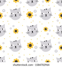 Cute cartoon cat head seamless pattern with flowers and doodle elements. Hand drawn animal character isolated on white. Kids pattern. Stock vector illustration. Wrapping, textile design. Funny pet.