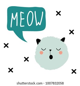 Cute cartoon cat head with speech bubble "meow".  Funny emoticon. Abstract hand drawn illustration. 