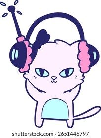 cute cartoon cat with headphones in bright neon color