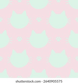 Cute cartoon cat heads and paw prints in a seamless pattern background. Childish cartoon animals are designed for fabric, wrapping, textiles, wallpaper, apparel, and pajamas.