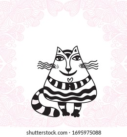 Cute cartoon cat with heart and beautiful pink romantic background. Vector illustration